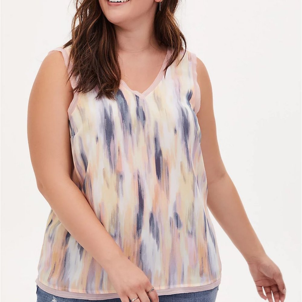 Light Pink & Multi Brushstrokes Georgette Raw Chiffon Trim Tank - 3